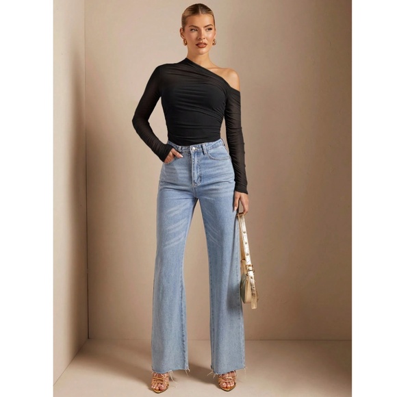 Black Mesh Ruched Asymmetrical Slim Fitted Shirt Tee Top Sheer - Picture 5 of 13